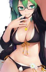 Rule 34 | .live, 1girl, bikini, black-framed eyewear, black bikini, blurry, blush, breasts, cleavage, colored eyelashes, commentary request, depth of field, flower, foreshortening, glasses, green eyes, green hair, groin, highres, jacket, jewelry, kagura suzu (.live), layered bikini, long hair, looking at viewer, medium breasts, navel, necklace, off shoulder, open clothes, open jacket, reaching, reaching towards viewer, revision, semi-rimless eyewear, side ponytail, smile, solo, sparkle, stomach, swimsuit, sy4, thighs, very long hair, virtual youtuber, wet