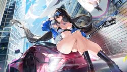 Rule 34 | 1girl, black hair, blue footwear, blue jacket, blush, boots, breasts, car, closed mouth, gijang, gloves, hair between eyes, half gloves, hand up, highres, holding, jacket, knee boots, large breasts, long hair, long sleeves, looking at viewer, motor vehicle, one eye closed, original, outdoors, race vehicle, sitting, smile, solo, thick thighs, thighs, very long hair, visor cap, white gloves, yellow eyes