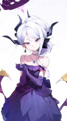 1-5iro 1girl absurdres bare_shoulders blue_archive blush breasts closed_mouth dress earrings elbow_gloves gloves hair_ribbon halo highres hina_(blue_archive) hina_(dress)_(blue_archive) horns jewelry looking_at_viewer low_wings medium_hair multiple_horns necklace purple_dress purple_eyes purple_gloves ribbon small_breasts smile solo swept_bangs white_hair wings