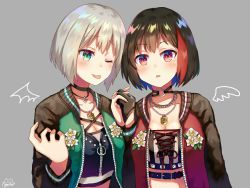 Rule 34 | 2girls, aoba moca, bang dream!, black choker, black gloves, black hair, blush, breasts, choker, cleavage, commentary request, drawn wings, flower, gloves, green eyes, grey background, grey hair, holding hands, interlocked fingers, jacket, jewelry, mitake ran, multicolored clothes, multicolored hair, multiple girls, necklace, nyacha (tya n ya), one eye closed, open clothes, open jacket, red eyes, red hair, short hair, simple background, streaked hair, tongue, tongue out, upper body
