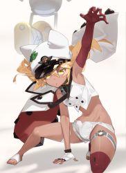 Rule 34 | 1girl, akisa yositake, bandaged arm, bandages, blonde hair, breasts, commentary request, dark-skinned female, dark skin, fingerless gloves, gloves, guilty gear, guilty gear strive, hat, highres, looking at viewer, navel, ramlethal valentine, shorts, skinny, small breasts, white headwear, yellow eyes