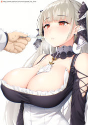 Rule 34 | 1girl, azur lane, bare shoulders, between breasts, black dress, blush, breasts, cleavage, collarbone, dress, earrings, feeding, formidable (azur lane), frilled dress, frills, grey hair, hair ribbon, heavy breathing, highres, jewelry, large breasts, long hair, long sleeves, parted lips, red eyes, ribbon, simple background, spoon, sweat, teeth, thore (nathalukpol), trembling, twintails, two-tone dress, two-tone ribbon, white background