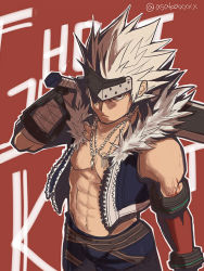 Rule 34 | 00s, 1boy, asaka (petta3), dungeon and fighter, from above, holding, holding weapon, jewelry, looking at viewer, male focus, male slayer (dungeon and fighter), muscular, navel, necklace, open clothes, open vest, red background, red eyes, shaded face, topless male, slayer (dungeon and fighter), solo, spiked hair, twitter username, vest, weapon, white hair