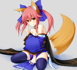 Rule 34 | 10s, 1girl, animal ears, bare shoulders, basa rutan, blue thighhighs, blush, bow, breasts, cleavage, detached sleeves, fate/extra, fate (series), fox ears, fox tail, hair bow, hair ribbon, heart, japanese clothes, long hair, pink hair, ribbon, sitting, small breasts, solo, tail, tamamo no mae (fate/extra), thighhighs, tongue, tongue out, twintails, wariza, yellow eyes