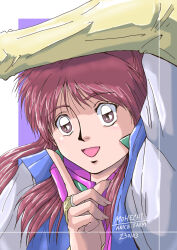 Rule 34 | 1girl, absurdres, anice farm, arm up, character name, chouon senshi borgman, dated, highres, index finger raised, long hair, looking to the side, open mouth, red hair, scottmohechi, solo