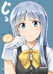 Rule 34 | 10s, 1girl, :|, blouse, blue eyes, blue hair, buttons, closed mouth, gloves, hatsukaze (kancolle), highres, kamelie, kantai collection, long hair, looking at viewer, matching hair/eyes, neck ribbon, ribbon, school uniform, shirt, short sleeves, simple background, solo, vest, white gloves, white shirt, yellow ribbon