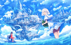 Rule 34 | 2girls, ahoge, blue eyes, blue sky, blue theme, capelet, castle, cloud, cloudy sky, commentary request, dress, fantasy, floral print, fog, food, fruit, holding, hood, hood down, hooded capelet, jet ski, long hair, looking at viewer, looking back, multiple girls, original, parted lips, red dress, sakimori (hououbds), sandals, scenery, short hair, sitting, sky, smile, standing, very long hair, wading, watch, water, watermelon, white capelet, white dress, wristwatch