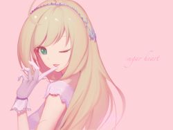 Rule 34 | 1girl, ahoge, blonde hair, blush, bon nob, character name, gloves, green eyes, hair down, hairband, idolmaster, idolmaster cinderella girls, idolmaster cinderella girls starlight stage, long hair, looking at viewer, one eye closed, parted lips, pink background, sato shin, smile, solo