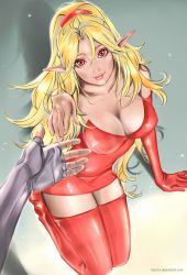 Rule 34 | 1boy, 1girl, absurdres, blonde hair, breasts, claude kenni, cleavage, closed mouth, commentary, commission, commissioner upload, dress, highres, kneeling, large breasts, long hair, looking at viewer, monster, monster girl, pointy ears, red dress, red eyes, smile, star ocean, star ocean the second story, tatti art