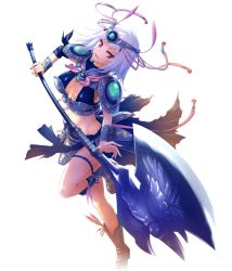 Rule 34 | 1girl, armor, asymmetrical sleeves, blue sleeves, boots, breasts, cleavage, detached sleeves, faulds, game cg, halberd, headpiece, holding, holding weapon, large breasts, looking at viewer, midriff, official art, open mouth, polearm, red eyes, short hair, shoulder armor, silver hair, single sleeve, smile, solo, standing, standing on one leg, stomach, tokimeki general girls x, transparent background, weapon, xu zhi (tokimeki general girls x)