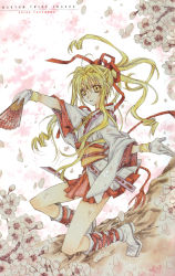Rule 34 | 1990s (style), 1girl, blonde hair, boots, branch, cherry blossoms, cross, earrings, floating hair, flower, folding fan, gloves, hair ribbon, hand fan, highres, japanese clothes, jewelry, kaitou jeanne, kamikaze kaitou jeanne, kusakabe maron, long hair, marker (medium), non-web source, obi, official art, on one knee, petals, pleated skirt, retro artstyle, ribbon, sash, serious, skirt, solo, tanemura arina, traditional media, white gloves, wide sleeves