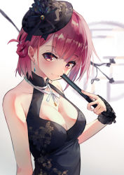 Rule 34 | 1girl, 200f (nifu), absurdres, alternate costume, azur lane, bare shoulders, black prince (azur lane), black prince (fair maid spring) (azur lane), breasts, china dress, chinese clothes, cleavage, cleavage cutout, clothing cutout, collarbone, dress, earrings, fingerless gloves, folded fan, folding fan, gloves, hand fan, hat, highres, holding, jewelry, large breasts, looking at viewer, pink eyes, pink hair, simple background, smile, solo