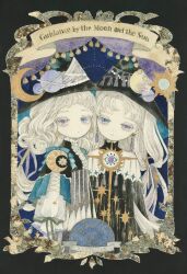 Rule 34 | 2girls, blue eyes, commentary request, crescent moon, dress, earrings, english text, expressionless, hat, head tilt, heterochromia, highres, jewelry, karintoun, looking at viewer, moon, multicolored clothes, multicolored dress, multiple girls, original, painting (medium), picture frame, purple eyes, sun, tassel, traditional media, upper body, watercolor (medium), witch, witch hat