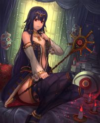 Rule 34 | absurdres, akainoda, black thighhighs, blue hair, book, book stack, breasts, candle, circlet, curtains, detached sleeves, eyeball, fantasy, hand up, highres, holding, holding staff, indoors, jewelry, long hair, navel, necklace, original, pillow, sitting, small breasts, solo, staff, thighhighs, very long hair, window, witch