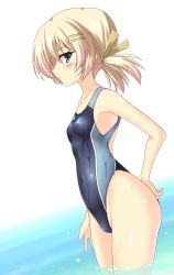 Rule 34 | 1girl, blonde hair, blue eyes, blue one-piece swimsuit, breasts, commentary request, competition swimsuit, covered navel, cowboy shot, highres, hizuki aki, looking at viewer, medium hair, multicolored clothes, multicolored swimsuit, one-piece swimsuit, original, profile, simple background, small breasts, solo, standing, swimsuit, twintails, wading, water, wet, wet clothes, wet swimsuit, white background