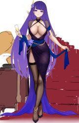 Rule 34 | 1girl, alternate hairstyle, black footwear, black thighhighs, blunt bangs, breasts, cleavage, closed mouth, cocktail dress, collarbone, cup, dot nose, dress, full body, genshin impact, hair ornament, highres, holding, holding cup, jewelry, large breasts, long dress, long hair, looking at viewer, purple eyes, purple hair, raiden shogun, see-through, shoes, sleeveless, sleeveless dress, solo, standing, terebi (shimizu1996), thighhighs, thighs, unfinished, sketch background, very long hair