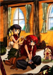 Rule 34 | 2girls, atlus, black hair, blue eyes, monk (sekaiju), multiple girls, pirate (sekaiju), red hair, etrian odyssey