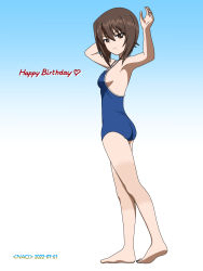 Rule 34 | 1girl, ass, blue one-piece swimsuit, blush, breasts, brown eyes, brown hair, closed mouth, eyebrows hidden by hair, girls und panzer, happy birthday, highres, looking at viewer, naotosi, nishizumi maho, one-piece swimsuit, short hair, small breasts, solo, swimsuit