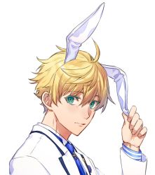 Rule 34 | 1boy, ahoge, animal ears, arthur pendragon (fate), arthur pendragon (white rose) (fate), blonde hair, blue necktie, colored eyelashes, fake animal ears, fate/grand order, fate/prototype, fate/prototype: fragments of blue and silver, fate (series), formal, green eyes, jacket, light blush, long sleeves, looking at viewer, male focus, necktie, official alternate costume, rabbit ears, shirt, short hair, simple background, smile, solo, striped clothes, striped shirt, suit, sujiko (125motimoti), upper body, vertical-striped clothes, vertical-striped shirt, white background, white jacket, white suit