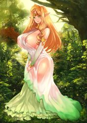 Rule 34 | 1girl, absurdres, areola slip, bare shoulders, blonde hair, breasts, circlet, commentary request, curvy, dress, elf, forest, gradient dress, green dress, green eyes, highres, huge breasts, huge filesize, long hair, looking at viewer, nature, original, pointy ears, see-through, smile, solo, standing, tahnya, tree, v arms, white dress, wide hips