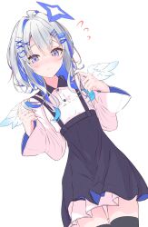 Rule 34 | 1girl, absurdres, amane kanata, black dress, black thighhighs, blue eyes, blue hair, blue halo, blush, breasts, casual, closed mouth, collared shirt, commentary request, cowboy shot, dress, dutch angle, feathered wings, flying sweatdrops, grey hair, hair ornament, hairclip, halo, hands up, highres, hololive, long hair, long sleeves, looking at viewer, mini wings, multicolored hair, nishiki yuno, pink shirt, playing with own hair, shirt, simple background, single hair intake, small breasts, solo, star halo, streaked hair, thighhighs, virtual youtuber, white background, wings, x hair ornament