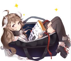 Rule 34 | 1girl, ahoge, animal ears, arknights, bag, black footwear, black thighhighs, blush, boots, brown hair, commentary request, dress, eyjafjalla (arknights), from side, high heel boots, high heels, holding, horns, huaxiaoyuayouayoua, in bag, in container, long hair, looking at viewer, looking to the side, recruitment bag (arknights), red eyes, sheep ears, sheep horns, simple background, solo, sparkle, thighhighs, thighhighs under boots, very long hair, white background, white dress