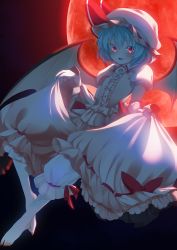 Rule 34 | 1girl, backlighting, barefoot, bat wings, bloomers, blue hair, blush, chikado, clothes lift, colorized, dark, dress, fang, flat chest, full body, hat, hat ribbon, highres, long sleeves, looking at viewer, mob cap, moon, moonlight, nail polish, night, night sky, open mouth, puffy sleeves, red eyes, red moon, remilia scarlet, ribbon, rikka (rikka8), short hair, skirt, skirt lift, sky, smile, solo, touhou, underwear, wings