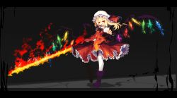 Rule 34 | 1girl, :d, black bow, black bowtie, blonde hair, blush, boots, bow, bowtie, commentary, crystal, dark background, flandre scarlet, frills, glowing, glowing sword, glowing weapon, hat, hat ribbon, holding, holding sword, holding weapon, letterboxed, mob cap, one side up, open mouth, outstretched arm, pantyhose, petticoat, pixel art, puffy short sleeves, puffy sleeves, purple footwear, red eyes, red ribbon, red skirt, red vest, ribbon, shirt, short sleeves, skirt, smile, solo, standing, standing on one leg, sword, tea basira, touhou, vest, weapon, white pantyhose, white shirt, wings