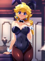 Rule 34 | 1girl, animal ears, black bow, black bowtie, black leotard, black pantyhose, blonde hair, blue eyes, blurry, blurry background, bow, bowtie, breasts, earrings, fake animal ears, highres, indoors, jewelry, konpeto, large breasts, leotard, looking at viewer, mario (series), nintendo, pantyhose, playboy bunny, princess peach, rabbit ears, side-tie leotard, smile, solo, sphere earrings, standing, strapless, strapless leotard, super mario bros. 1, traditional bowtie, white wrist cuffs, wrist cuffs