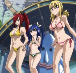 Rule 34 | 00s, 3girls, bikini, blonde hair, blue hair, breasts, brown eyes, child, cleavage, creator connection, erza scarlet, fairy tail, female focus, griffon kato, highres, large breasts, long hair, lucy heartfilia, multiple girls, outdoors, ponytail, rave, red hair, screencap, stitched, swimsuit, tattoo, third-party edit, underboob, wendy marvell, wide hips