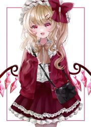 Rule 34 | 1girl, :d, adapted costume, arm at side, bag, black bag, blonde hair, blunt bangs, blush, bow, cardigan, commentary, cowboy shot, crystal, eyelashes, flandre scarlet, frilled skirt, frills, hair ornament, hairclip, hand up, handbag, happy, hat, hat bow, jaku sono, long hair, looking at viewer, mob cap, open cardigan, open clothes, open mouth, pointy ears, red bow, red cardigan, red eyes, red skirt, shirt, side ponytail, signature, simple background, skirt, sleeves past wrists, smile, solo, touhou, wavy hair, white background, white hat, white shirt, wings, yellow bow