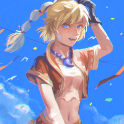 Rule 34 | 1girl, bandages, blonde hair, blue eyes, breasts, chrono cross, cloud, crop top, gloves, jewelry, kid (chrono cross), long hair, looking at viewer, machibari2, midriff, multi-tied hair, navel, necklace, open mouth, ponytail, smile, solo, vest