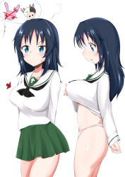 Rule 34 | 1girl, absurdres, blue eyes, blue hair, blush, bra, breasts, closed mouth, freckles, from side, girls und panzer, green skirt, highres, large breasts, long hair, multiple views, naopon918, ooarai school uniform, open mouth, orange bra, panties, school uniform, simple background, skirt, sweat, underwear, white background, white panties, yamagou ayumi