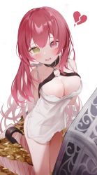 Rule 34 | 1girl, absurdres, ankle cuffs, apron, arms behind back, breasts, cleavage, collar, heterochromia, highres, hololive, houshou marine, irisu-chan (yumemiruk), kneeling, red hair, tearing up, virtual youtuber, white apron
