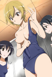 Rule 34 | 3girls, black hair, blonde hair, blue one-piece swimsuit, breasts, brown eyes, brown hair, cameltoe, clothes pull, collarbone, cowboy shot, from below, hetare (hetare013), imouto wa shishunki, indoors, looking at another, multiple girls, nipples, old school swimsuit, one-piece swimsuit, one breast out, school swimsuit, strap pull, swimsuit, undressing, yano aki