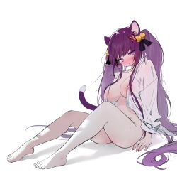 Rule 34 | 1girl, animal ears, barefoot, bell, black ribbon, blush, bottomless, breasts, bug, butterfly, cat ears, cat girl, cat tail, commission, feet, hair bell, hair ornament, hair ribbon, highres, insect, knees up, large breasts, legs, long hair, long sleeves, looking at viewer, msaeng (00grimza), naked shirt, nose blush, open clothes, open shirt, original, purple eyes, purple hair, pussy juice, ribbon, second-party source, shirt, sidelocks, simple background, sitting, solo, sul-lin-a (hurukku), tail, toenails, toes, twintails, very long hair, white background, white shirt