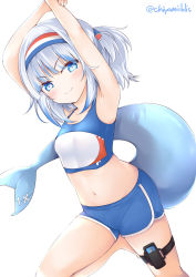 Rule 34 | &gt;:), 1girl, absurdres, armpits, arms up, bare arms, bare shoulders, blue eyes, blue hair, blue shorts, blue tank top, blush, breasts, chiyami, closed mouth, commentary, crop top, english commentary, fins, fish tail, gawr gura, headband, highres, hololive, hololive english, long hair, looking at viewer, midriff, multicolored hair, navel, ring fit adventure, shark tail, short shorts, shorts, silver hair, simple background, small breasts, smile, solo, streaked hair, tail, tank top, twitter username, v-shaped eyebrows, virtual youtuber, white background