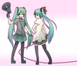 Rule 34 | cable, creator connection, detached sleeves, green eyes, green hair, hand on own hip, hatsune miku, koi wa sensou (vocaloid), lama (kusuriya), long hair, looking back, megaphone, pantyhose, pink background, skirt, thighhighs, twintails, vocaloid, world is mine (vocaloid)