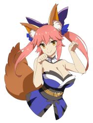 Rule 34 | 10s, 1girl, akitetsu, animal ears, bad id, bad twitter id, bare shoulders, bow, breasts, cleavage, fate/extra, fate/grand order, fate (series), fox ears, fox tail, hair bow, hair ribbon, highres, japanese clothes, large breasts, long hair, looking at viewer, pink hair, ribbon, smile, solo, tail, tamamo (fate), tamamo no mae (fate/extra), white background, yellow eyes