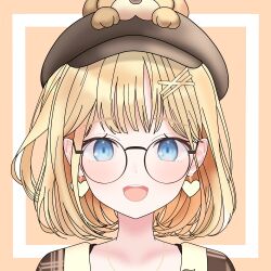 Rule 34 | 1girl, black-framed eyewear, blonde hair, blue eyes, bob cut, brown headwear, commentary, earrings, english commentary, glasses, hair ornament, hairclip, happy, happy birthday, heart, heart earrings, hololive, hololive english, jewelry, kuromin 0317, looking at viewer, necklace, official alternate hairstyle, open mouth, plaid, plaid shirt, round eyewear, shirt, short hair, simple background, smile, straight-on, virtual youtuber, watson amelia, yellow background
