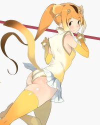Rule 34 | 10s, akinashi yuu, animal ears, ass, bare shoulders, blonde hair, bracelet, circlet, gloves, golden snub-nosed monkey (kemono friends), high ponytail, holding, holding staff, jewelry, kemono friends, leotard, long hair, monkey ears, monkey tail, orange hair, ponytail, skirt, solo, staff, tail, thighhighs, weapon