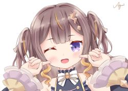 Rule 34 | 1girl, anya melfissa, ayumi aika, blush, hair between eyes, hair ornament, highres, hololive, hololive indonesia, holoro, long hair, looking at viewer, one eye closed, open mouth, pointing, pointing at self, portrait, purple eyes, ribbon, simple background, solo, virtual youtuber, white background