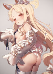 Rule 34 | 1girl, absurdres, animal ears, ass, blonde hair, blue archive, blush, bow, breasts, cruciform halo, detached sleeves, earrings, flower, fox ears, hair bow, hair flower, hair ornament, halo, highres, jewelry, long hair, open mouth, panties, red eyes, seia (blue archive), shuru y, sideboob, small breasts, solo, thighhighs, underwear, white background, white panties