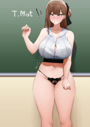 Rule 34 | !, !!, 1girl, black panties, blush, breasts, brown eyes, brown hair, chalk, chalkboard, classroom, collarbone, commentary, english commentary, female pubic hair, hand up, highres, holding, holding chalk, indoors, large breasts, mivioppai, mole, mole under mouth, no pants, nose blush, original, panties, pubic hair, revealing clothes, shirt, solo, standing, string panties, teacher, thick thighs, thighs, tsurime, underbust, underwear, white shirt