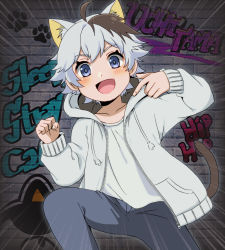 Rule 34 | 1boy, absurdres, animal ears, blush, brick wall, brown hair, cat boy, cat ears, cat tail, child, english text, extra ears, graffiti, highres, looking at viewer, male focus, motion lines, multicolored hair, oginy, okamoto tama, open mouth, silver hair, smile, solo, tail, tama &amp; friends, two-tone hair, uchi no tama shirimasen ka?
