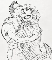 Rule 34 | 1boy, affectionate, animal, animal hug, bara, billy russell (dickfish), casual, contemporary, cowboy shot, dickfish (fishismdick), dog, facial hair, from side, glasses, heart, highres, male focus, mature male, muscular, muscular male, mustache, original, scan, shirt, short hair, sketch, solo, tail, tail wagging, traditional media