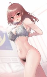 Rule 34 | 1girl, ahoge, blurry, blurry background, blush, bottomless, bra, breasts, cleavage, collarbone, cowboy shot, female pubic hair, grey bra, highres, indoors, large breasts, long hair, looking at viewer, mole, mole on breast, navel, open mouth, original, pubic hair, red eyes, red hair, solo, sweat, take (trude1945oneetyan), thighs, underwear