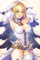 Rule 34 | 10s, 1girl, absurdres, ahoge, armpits, arms behind head, asymmetrical legwear, backlighting, bare shoulders, belt, blonde hair, bodysuit, breasts, bridal veil, chain, commentary request, cowboy shot, detached collar, detached sleeves, fate/extra, fate/extra ccc, fate/grand order, fate (series), from side, full-length zipper, garter belt, garter straps, green eyes, hair between eyes, hair bun, hair intakes, head wreath, highres, large breasts, legs together, leotard, lock, looking at viewer, loose belt, nero claudius (bride) (fate), nero claudius (bride) (second ascension) (fate), nero claudius (fate), nero claudius (fate) (all), padlock, samoore, showgirl skirt, simple background, single hair bun, sky, solo, star (sky), starry sky, strapless, strapless leotard, thigh gap, thighhighs, thighs, uneven legwear, veil, white bodysuit, white leotard, white sleeves, zipper, zipper pull tab