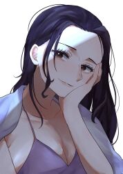 Rule 34 | 1girl, amaguri op, black hair, blue eyes, brown eyes, camisole, cardigan, cardigan on shoulders, close-up, eyelashes, hand on own cheek, hand on own face, highres, light smile, long hair, looking to the side, nico robin, one piece, purple camisole, sidelocks, simple background, smile, solo, upper body, white background