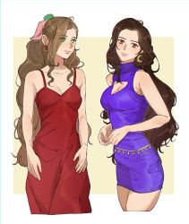Rule 34 | 2girls, aerith gainsborough, aerith gainsborough (red dress), black hair, bow, breasts, brown eyes, brown hair, cleavage, cleavage cutout, clothing cutout, crescent, crescent earrings, crossed legs, dress, earrings, final fantasy, final fantasy vii, green eyes, hair bow, jewelry, looking at viewer, multiple girls, official alternate costume, official alternate hairstyle, pudelmudel, purple dress, red dress, tifa lockhart, wall market, wavy hair